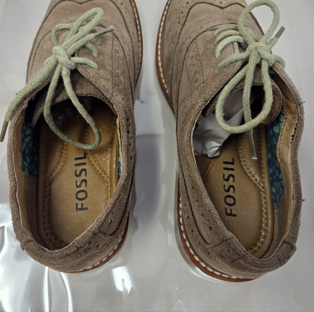 Fossil Womens Sz 7 Tan Suede Lace Up Brouges School Office Work Wear Casual - Picture 5 of 11